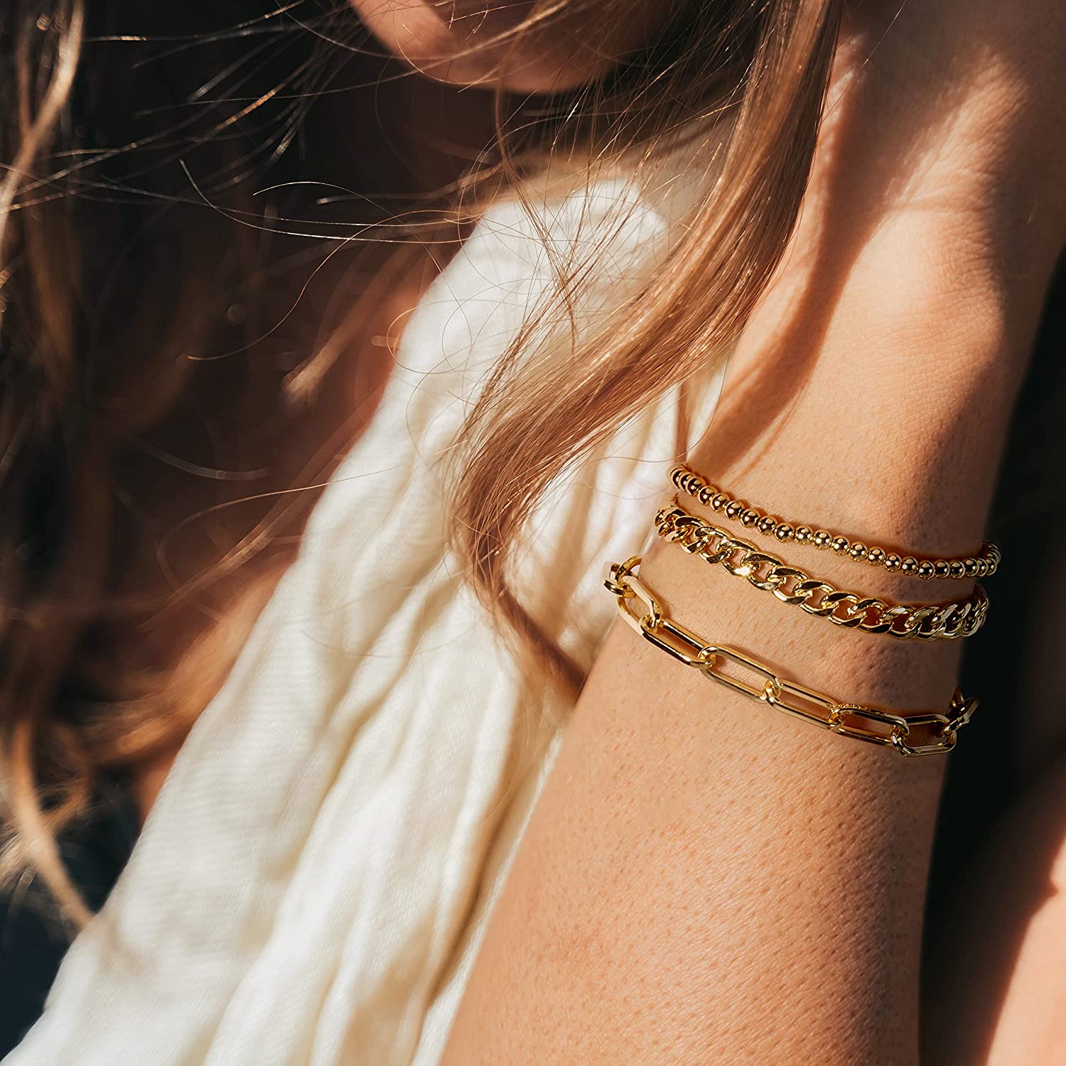 CONRAN KREMIX Gold Chain Bracelet Sets for Women Girls 14K Gold Plated Dainty Link Paperclip Bracelets Stake Adjustable Layered Metal Link Bracelet Set Fashion Jewelry - Image 2